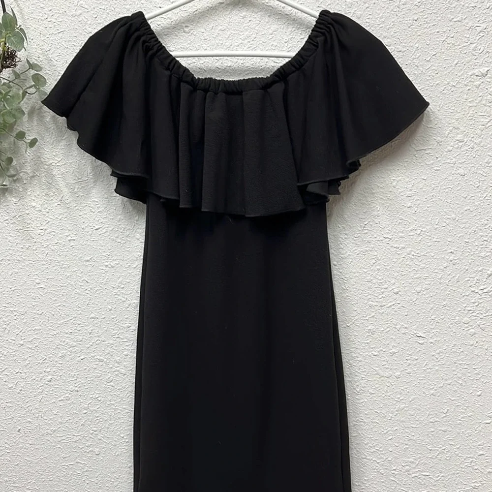 Lularoe Black Cici Dress XS Solid Off-Shoulder Ruffle Stretch Knit - Picture 7 of 8
